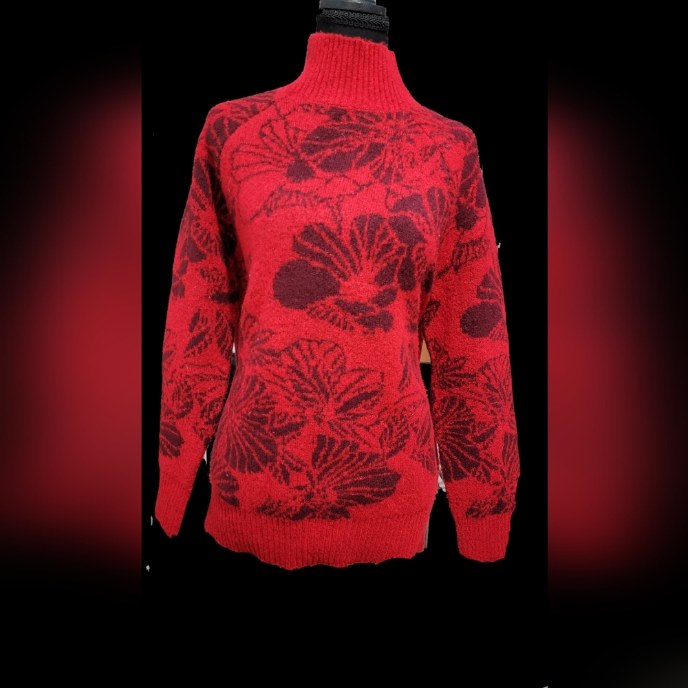 Liz Claiborne Red and Black Floral Turtleneck Sweater